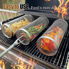Stainless Steel BBQ Rolling Grill Basket with Hooks