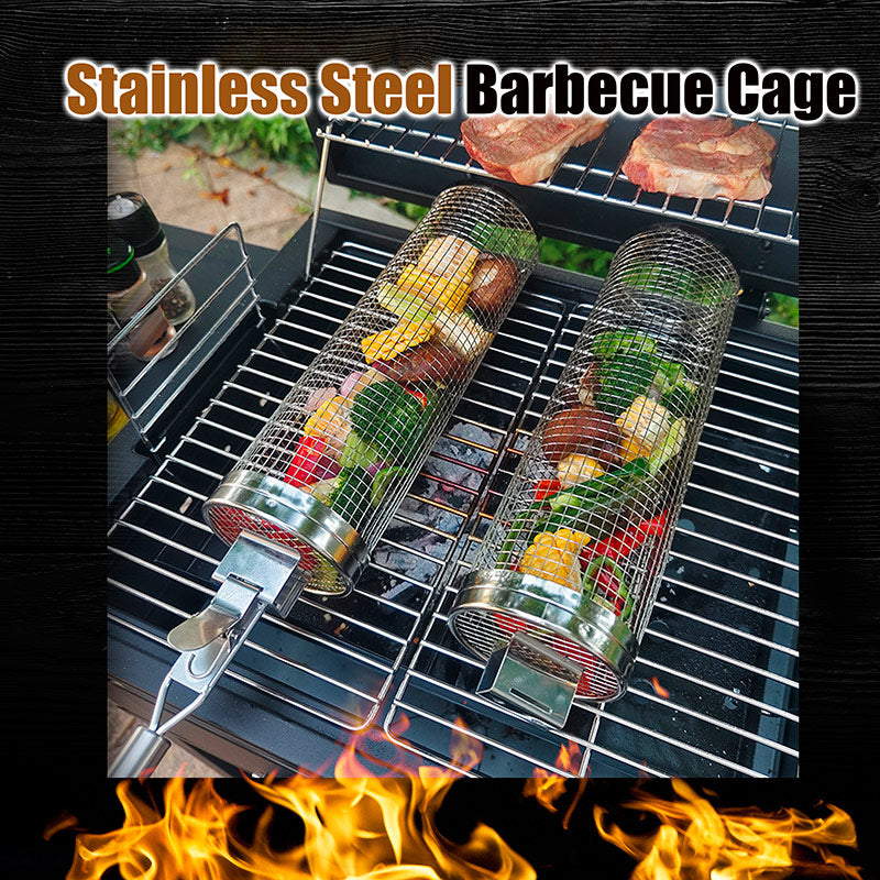 Stainless Steel BBQ Rolling Grill Basket with Hooks