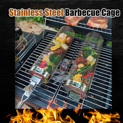 Stainless Steel BBQ Rolling Grill Basket with Hooks