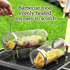 Stainless Steel BBQ Rolling Grill Basket with Hooks