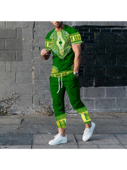 Ethnic Style Men's 2-Piece Outfits Short Sleeve T-shirt And Drawstring Pants