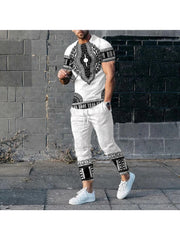 Ethnic Style Men's 2-Piece Outfits Short Sleeve T-shirt And Drawstring Pants
