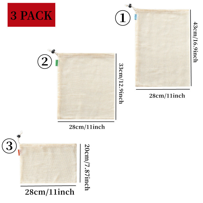 3pcs Organic Cotton Storage Bag, Reusable Mesh Bag for Fruits, Veggies, Snacks