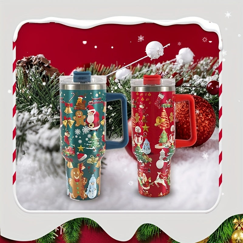 40oz Christmas Pattern Stainless Steel Water Bottle with Handle & Straw Lid