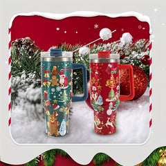 40oz Christmas Pattern Stainless Steel Water Bottle with Handle & Straw Lid