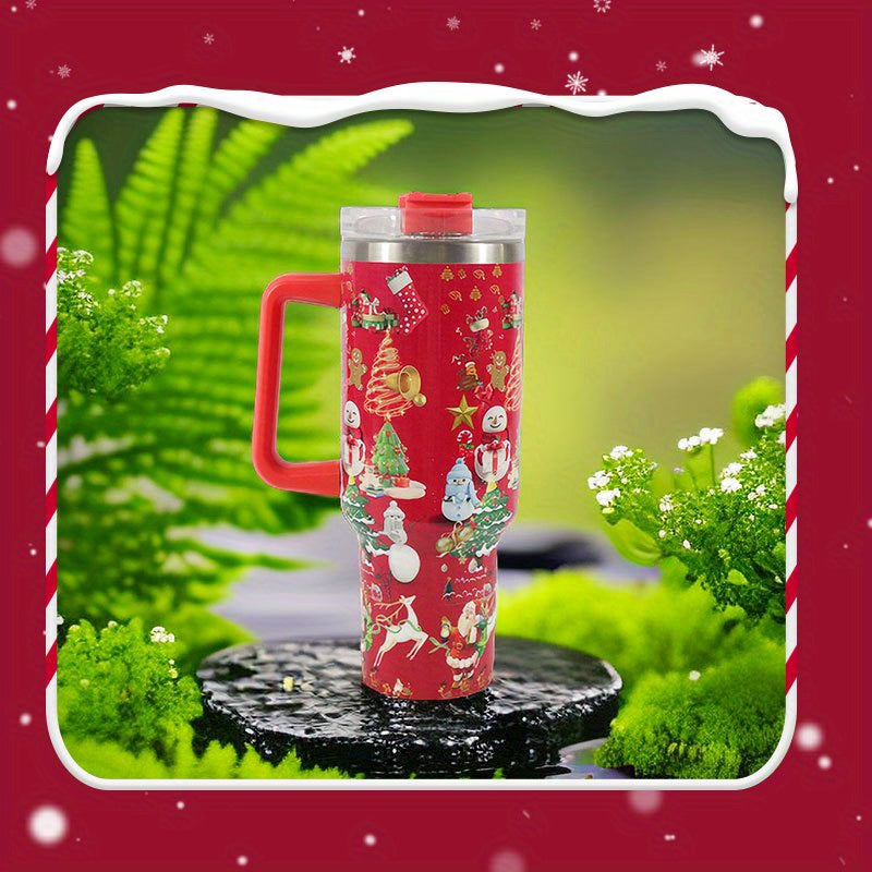 40oz Christmas Pattern Stainless Steel Water Bottle with Handle & Straw Lid