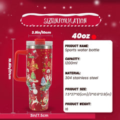 40oz Christmas Pattern Stainless Steel Water Bottle with Handle & Straw Lid