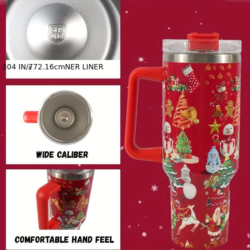 40oz Christmas Pattern Stainless Steel Water Bottle with Handle & Straw Lid