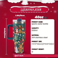 40oz Christmas Pattern Stainless Steel Water Bottle with Handle & Straw Lid