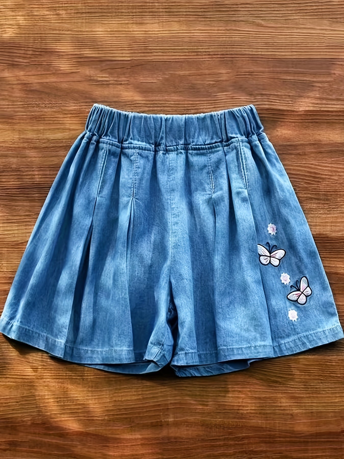 Girls Fruits Embroidered Print Denim Shorts Elastic Waist Loose Fit Shorts