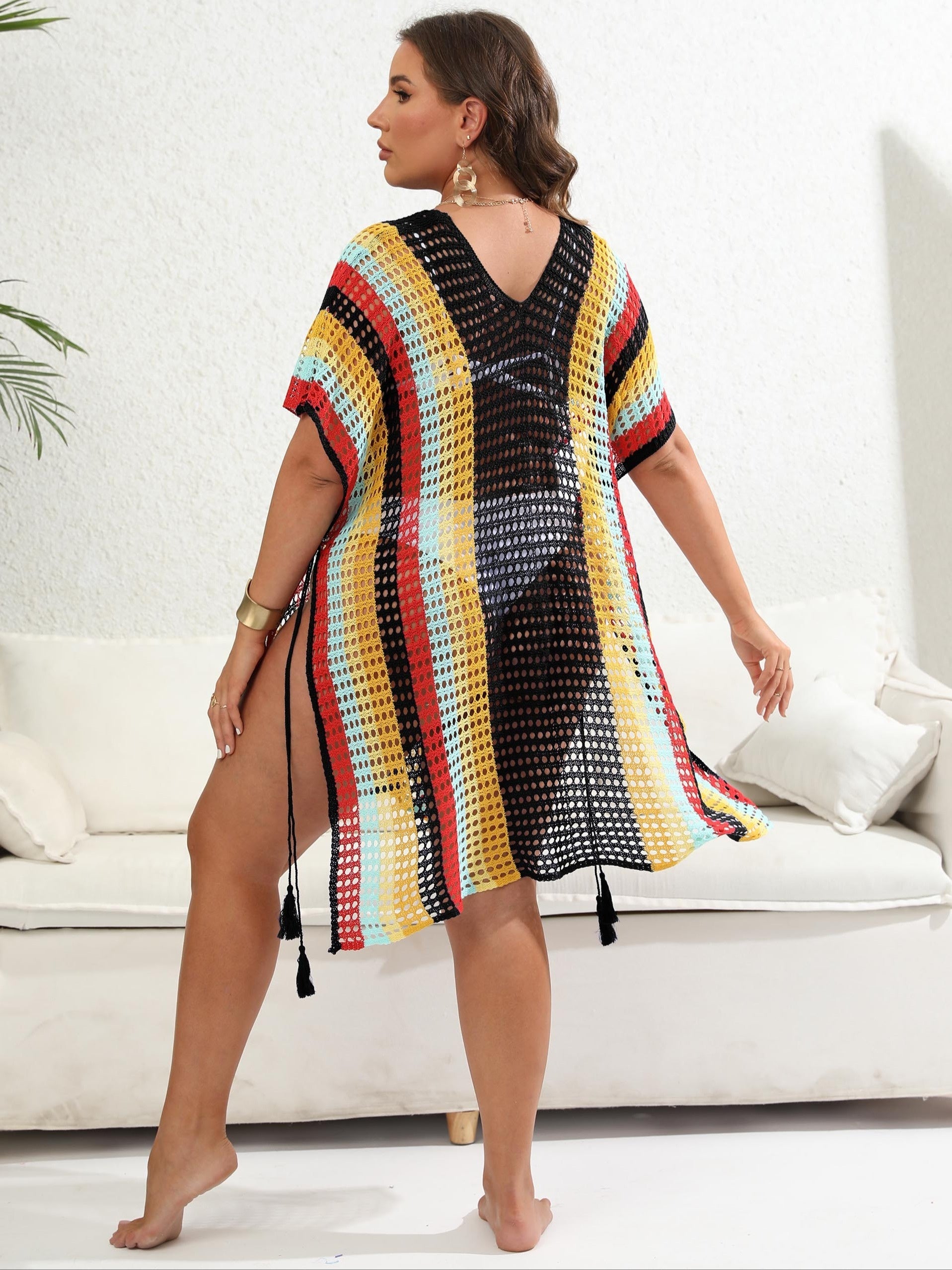 Striped Batwing Sleeve V Neck Fringe Beach Cover Up