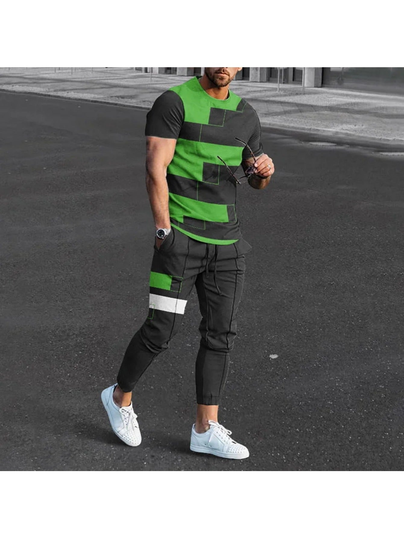 Men's Printed T-Shirt Joggers Set For Fitness