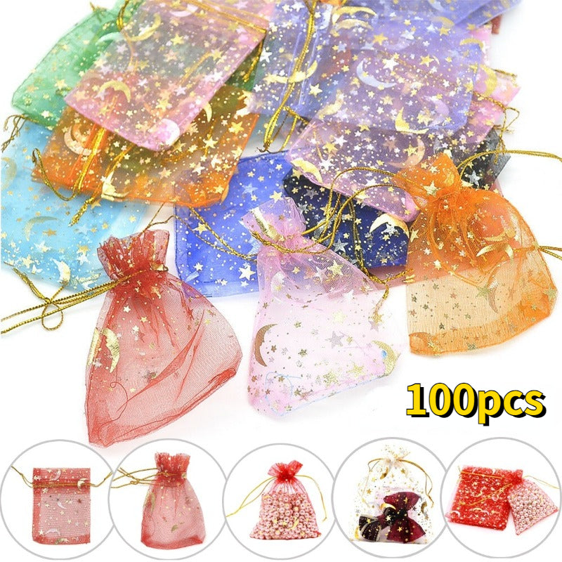 100pcs Moon Star Drawstring Organza Bag Mixed Colors For Weddings And Christmas