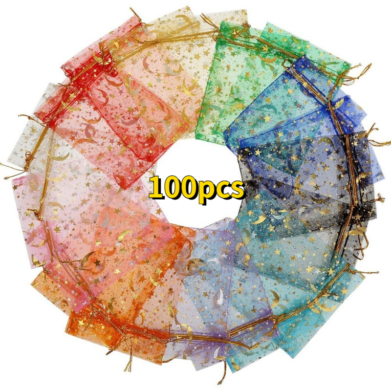 100pcs Moon Star Drawstring Organza Bag Mixed Colors For Weddings And Christmas