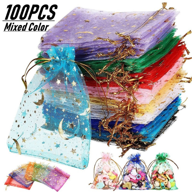 100pcs Moon Star Drawstring Organza Bag Mixed Colors For Weddings And Christmas