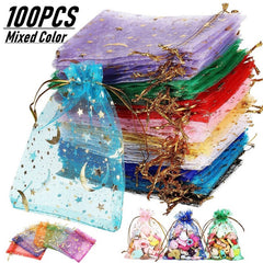 100pcs Moon Star Drawstring Organza Bag Mixed Colors For Weddings And Christmas