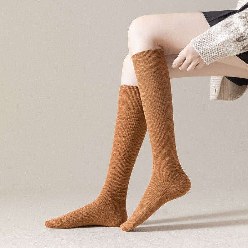 2 Pairs Solid Ribbed Calf Socks Knee High Stockings & Hosiery
