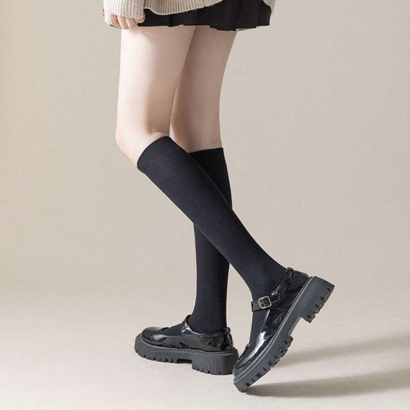 2 Pairs Solid Ribbed Calf Socks Knee High Stockings & Hosiery