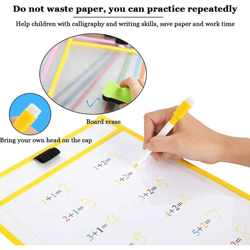 12pcs Reusable Dry Erase Pockets Write Erase Bag - Office Teaching Supplies