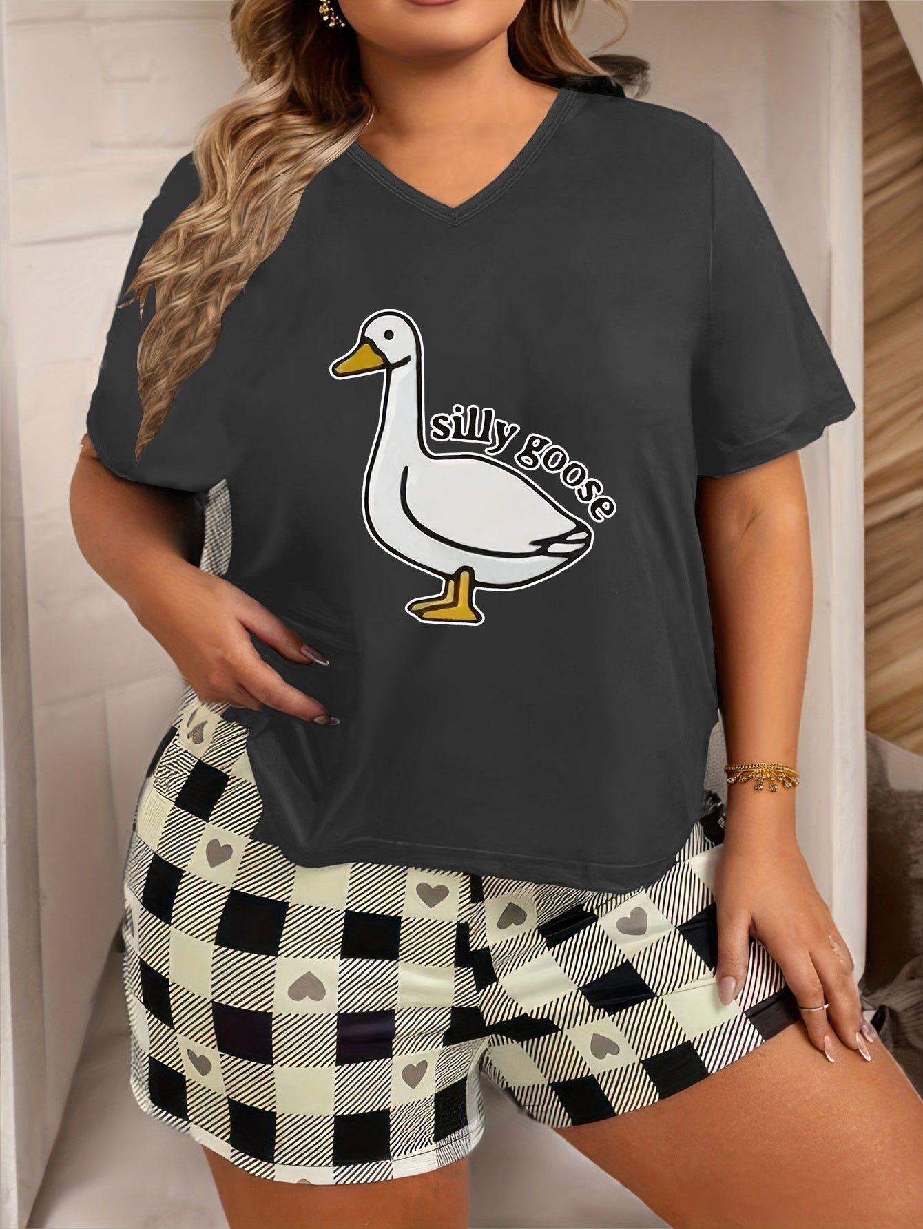 Funny Goose Print V Neck Pajama Top Plus Size Short Sleeve Lounge Tee