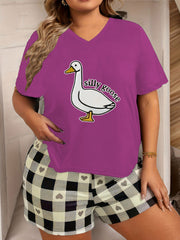Funny Goose Print V Neck Pajama Top Plus Size Short Sleeve Lounge Tee