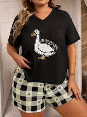 Funny Goose Print V Neck Pajama Top Plus Size Short Sleeve Lounge Tee