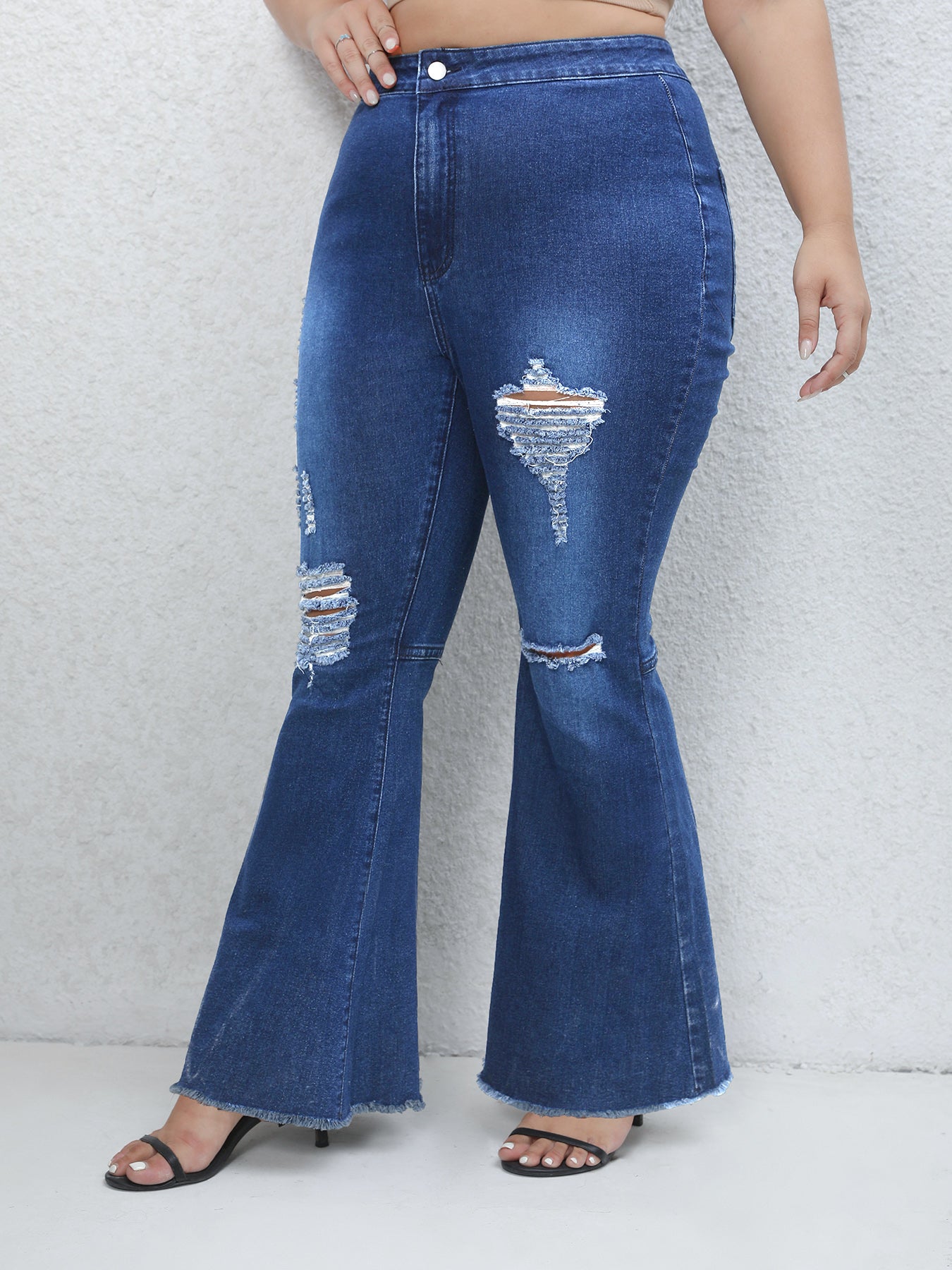 High Rise Flared Leg Jeans - Solid Ripped Trim Button Fly
