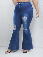 High Rise Flared Leg Jeans - Solid Ripped Trim Button Fly
