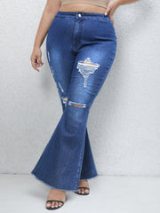 High Rise Flared Leg Jeans - Solid Ripped Trim Button Fly