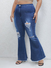 High Rise Flared Leg Jeans - Solid Ripped Trim Button Fly
