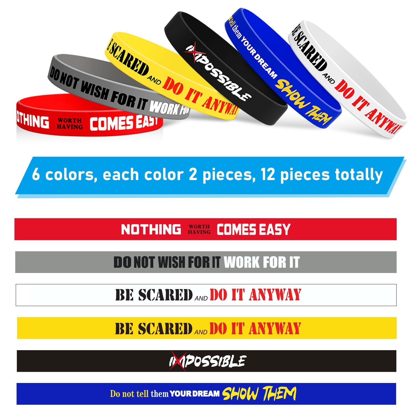12 Pcs Motivational Quote Silicone Wristbands Inspirational Bracelets