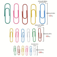 250pcs Coloured Paper Clips Set - Small & Large Clip 28mm 50mm 100mm