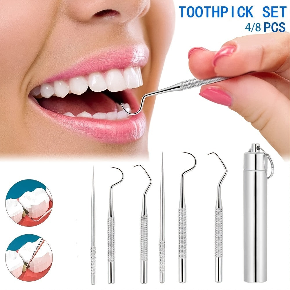 8pcs Stainless Steel Toothpicks Titanium Reusable Metal Dental Floss