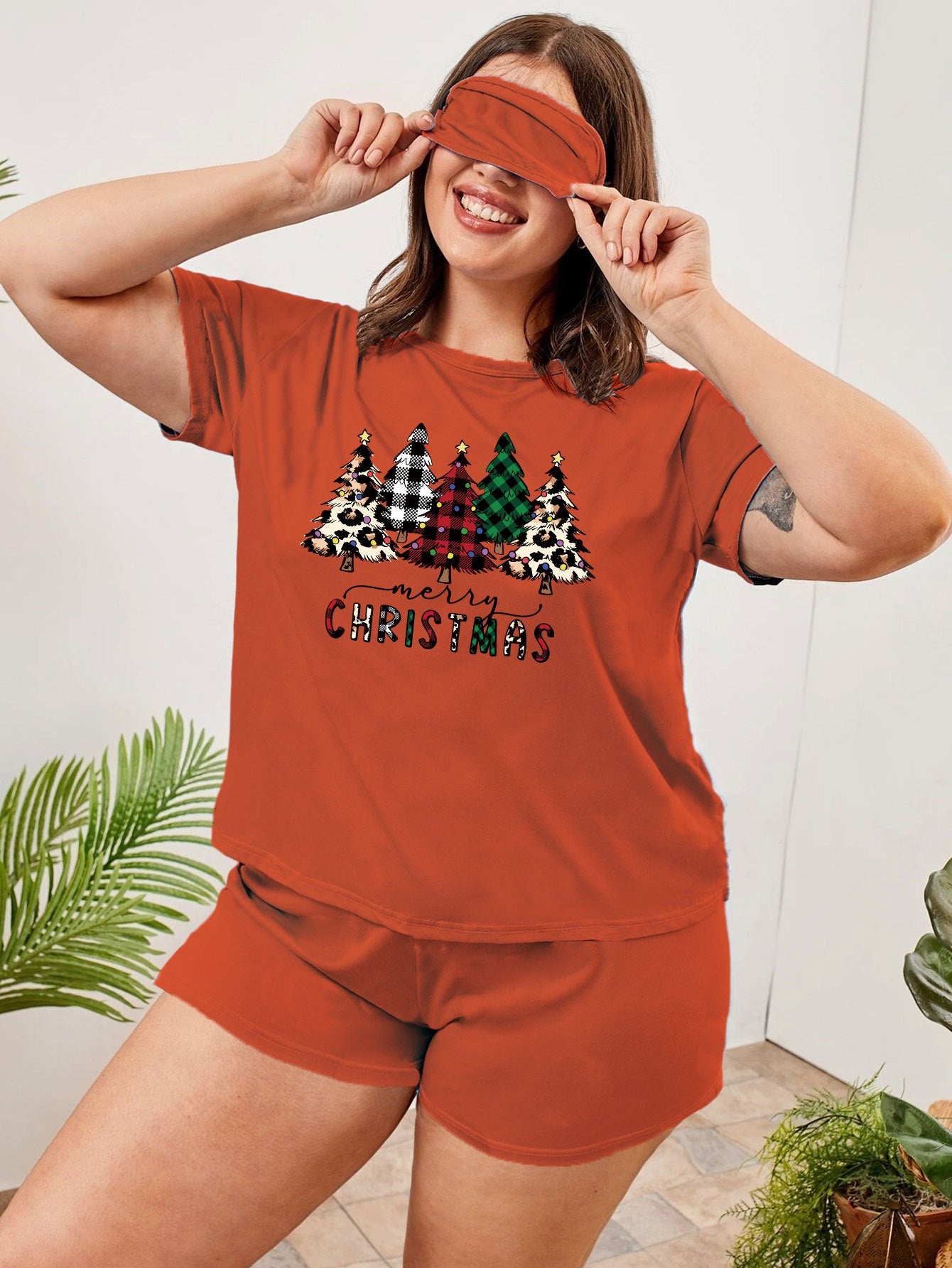 Christmas Casual Pajama Set - Tree Print Top & Shorts with Eye Mask