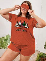 Christmas Casual Pajama Set - Tree Print Top & Shorts with Eye Mask