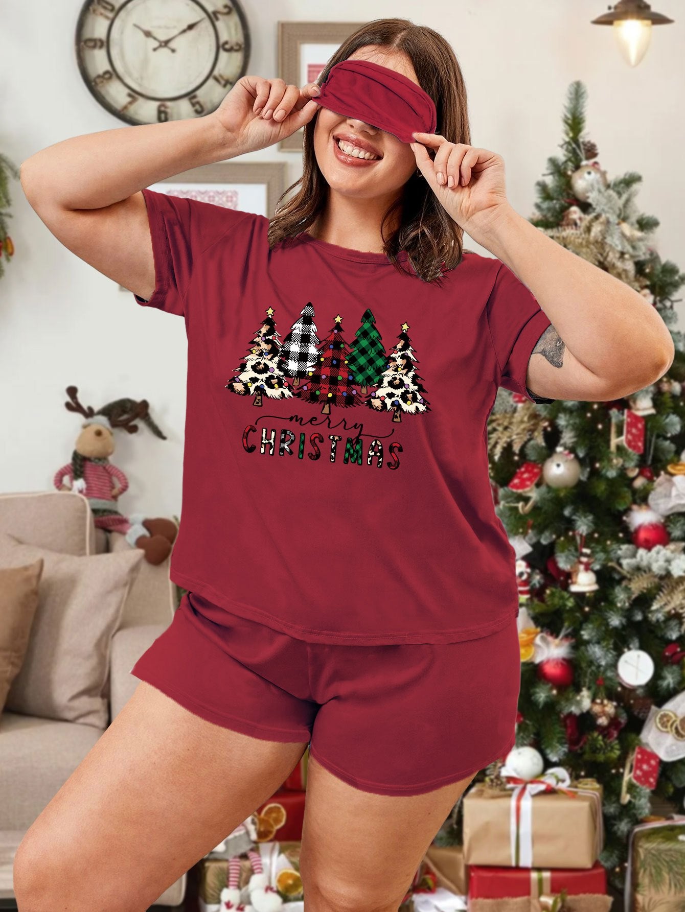 Christmas Casual Pajama Set - Tree Print Top & Shorts with Eye Mask