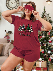 Christmas Casual Pajama Set - Tree Print Top & Shorts with Eye Mask