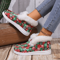 Christmas Print Fur Fleece Lined Flat Skate Shoes