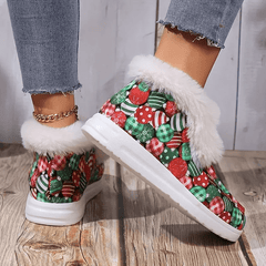Christmas Print Fur Fleece Lined Flat Skate Shoes