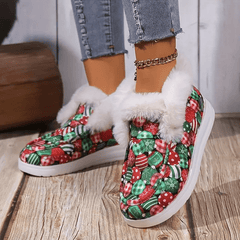 Christmas Print Fur Fleece Lined Flat Skate Shoes