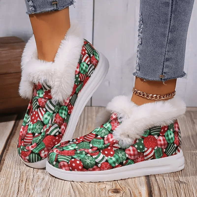 Christmas Print Fur Fleece Lined Flat Skate Shoes