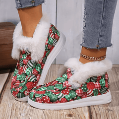 Christmas Print Fur Fleece Lined Flat Skate Shoes