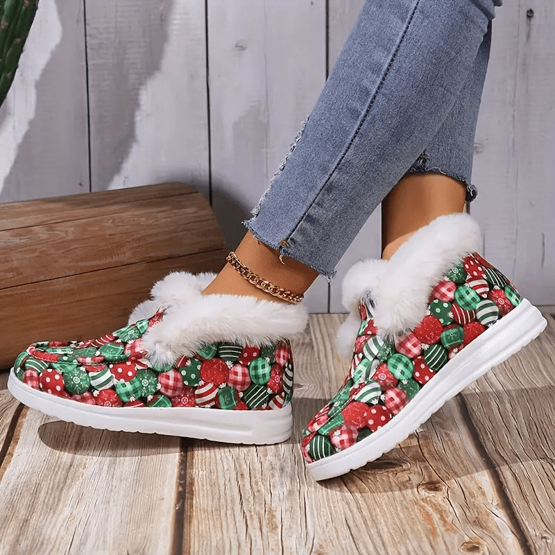 Christmas Print Fur Fleece Lined Flat Skate Shoes