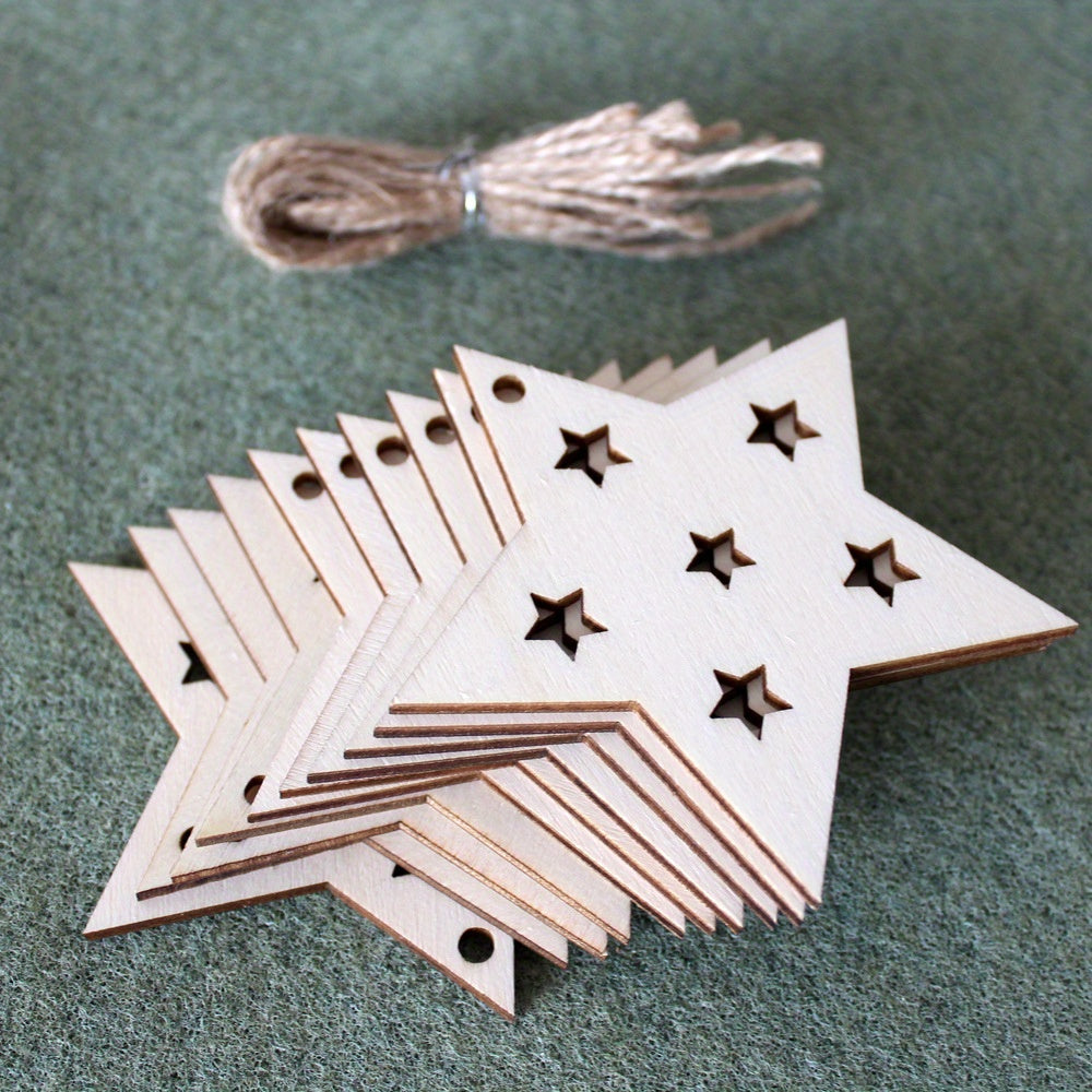 10pcs Engraved Christmas Tree Ornaments Snowflake Wood Chips Cartoon Baubles
