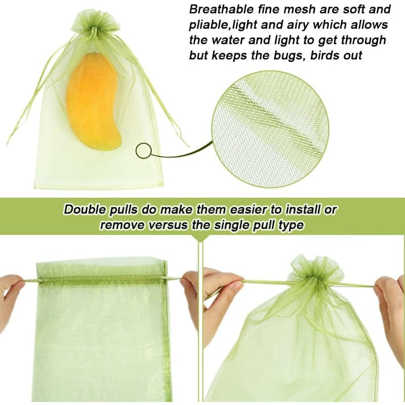 50pcs Fruit Protection Bags 20x30cm Green Netting Cover Bags Drawstring Mesh Fru