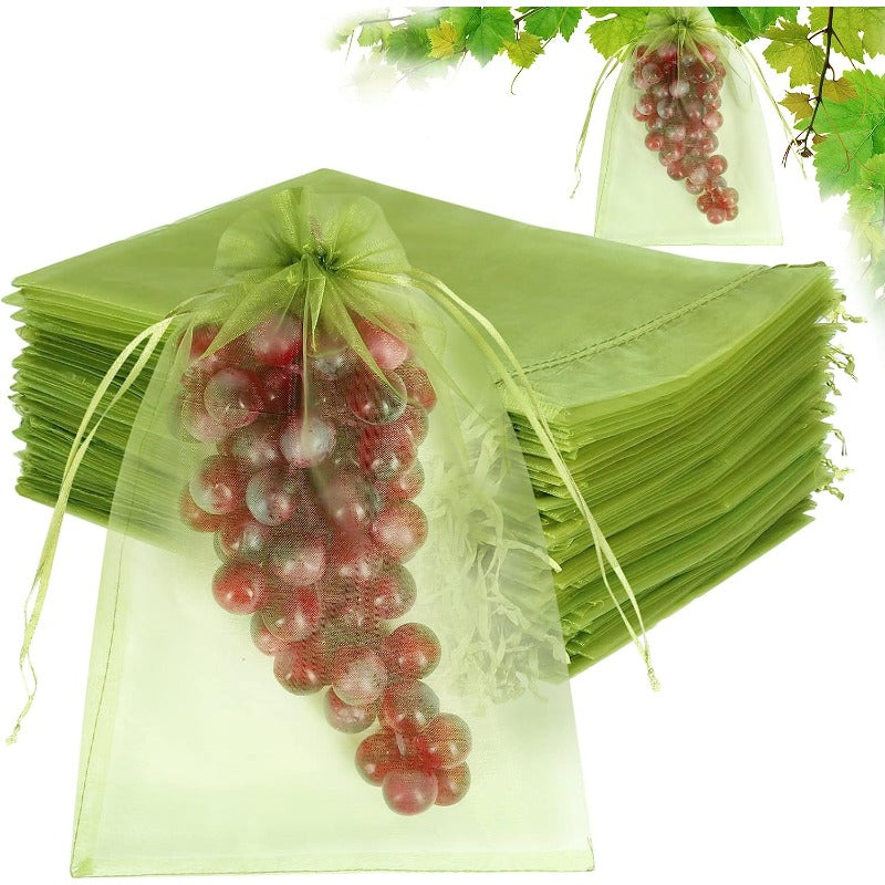 50pcs Fruit Protection Bags 20x30cm Green Netting Cover Bags Drawstring Mesh Fru