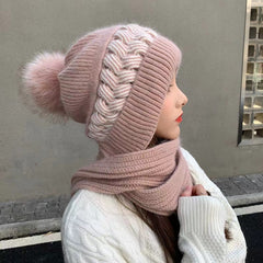 Two Tone Winter Hat Scarf Knit Ear Protection Thermal Neck Warmer Beanie Cap
