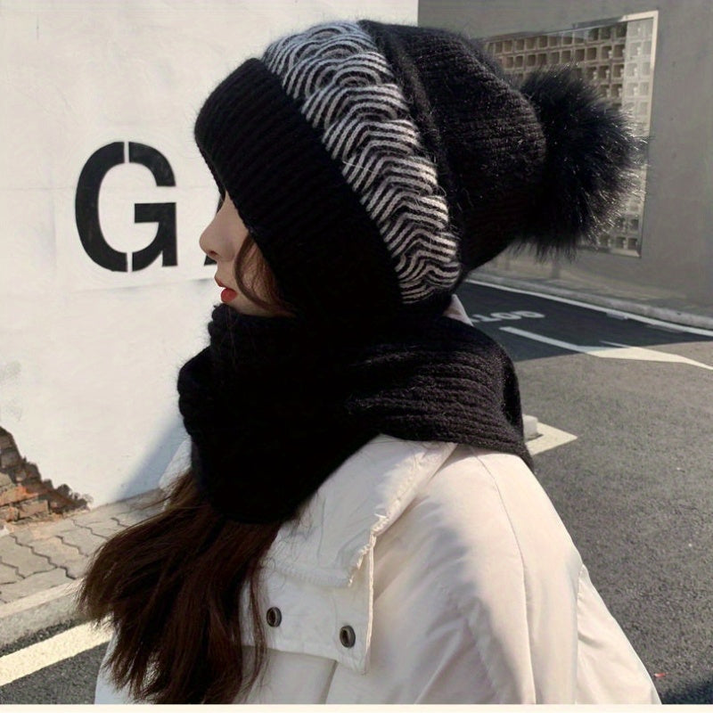 Two Tone Winter Hat Scarf Knit Ear Protection Thermal Neck Warmer Beanie Cap