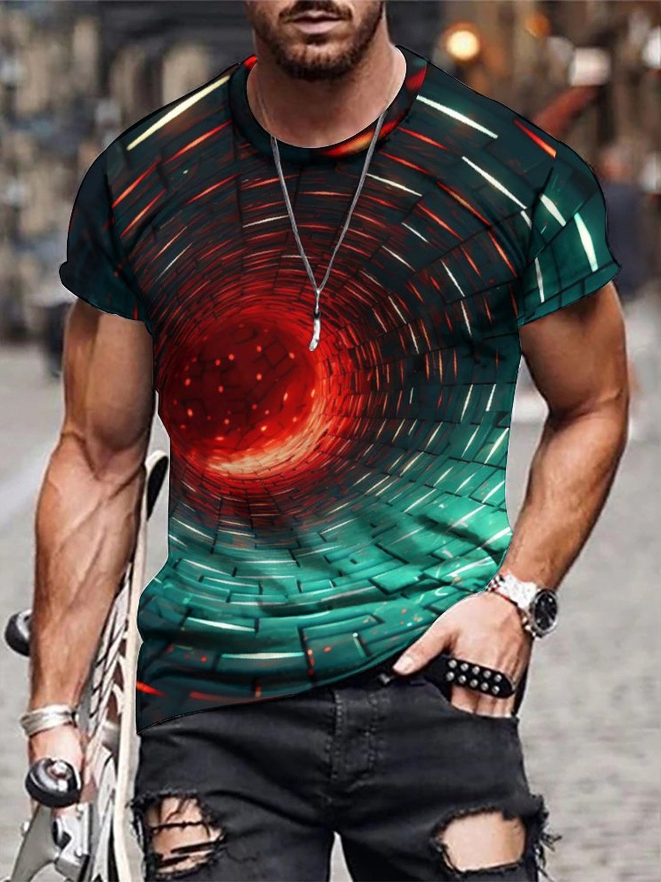 3D Illusion Tunnel Print Men's Graphic T-Shirt