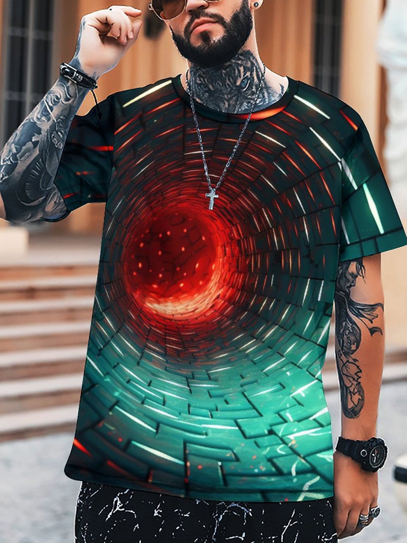 3D Illusion Tunnel Print Men's Graphic T-Shirt